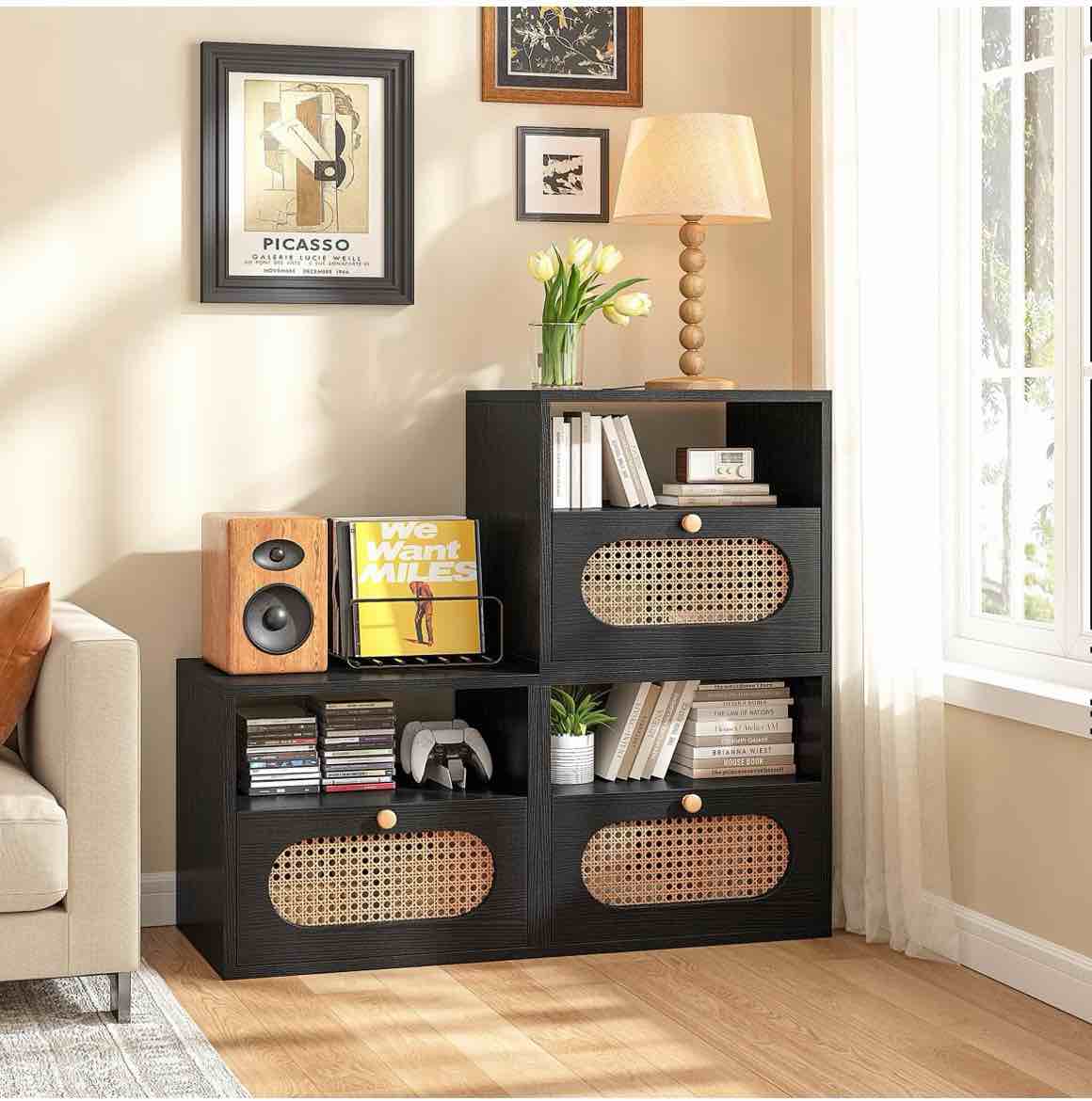 furninova rattan modular console table,entryway table,tv stand, boho wooden storage organizer entrance console sofa table,nightstands for living room, study room, entryway,black- one only
