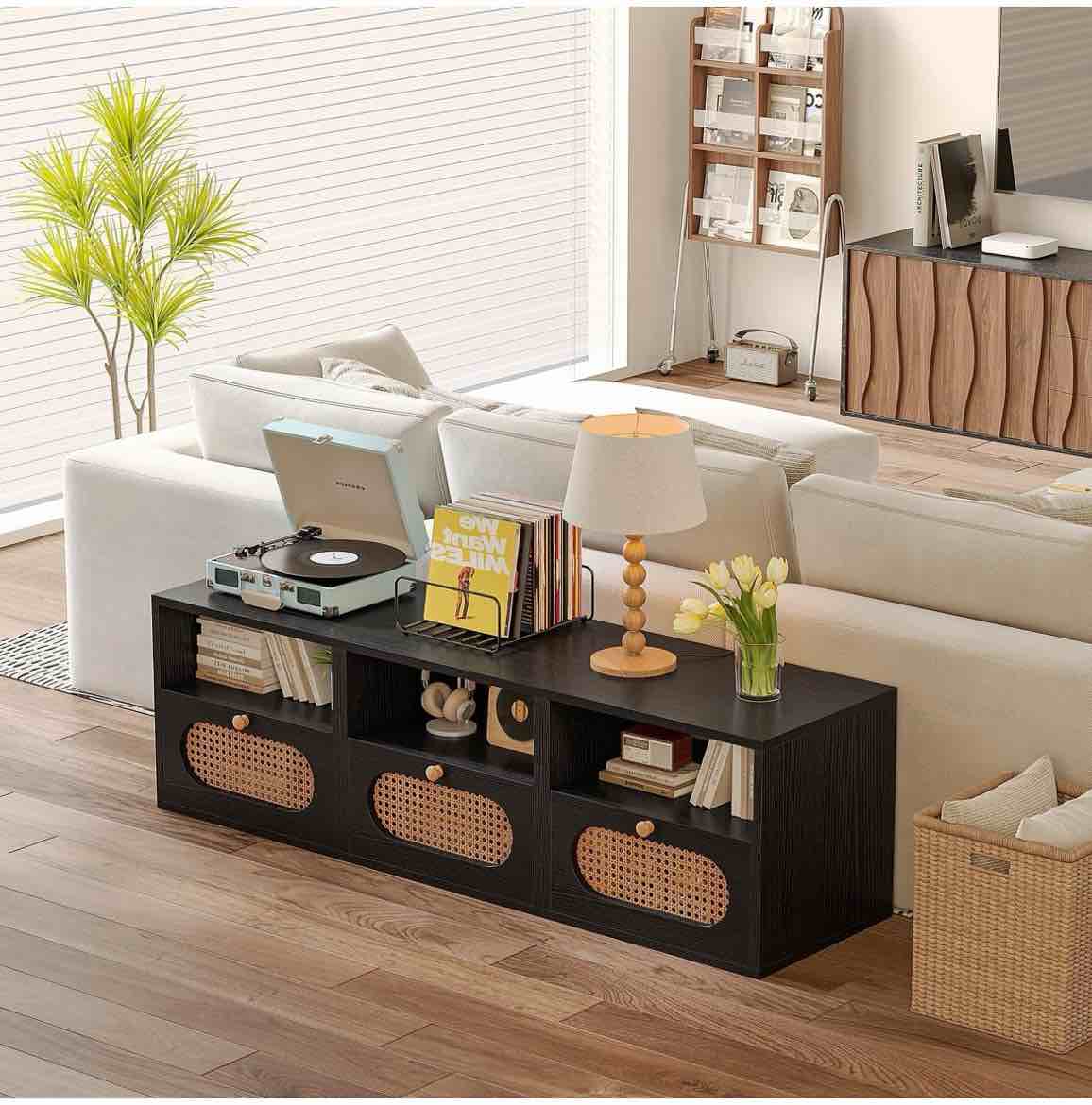Condition photo showing New/Like New for furninova rattan modular console table,entryway table,tv stand, boho wooden storage organizer entrance console sofa table,nightstands for living room, study room, entryway,black- one only