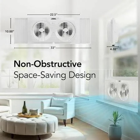 Condition photo showing New/Like New for comfort zone 9  twin window fan with quiet setting  reversible airflow control  3-speeds  expandable  exhaust  dual fan  airflow 9.84 ft/sec  ideal for home  kitchen  bedroom & office  cz319wt2