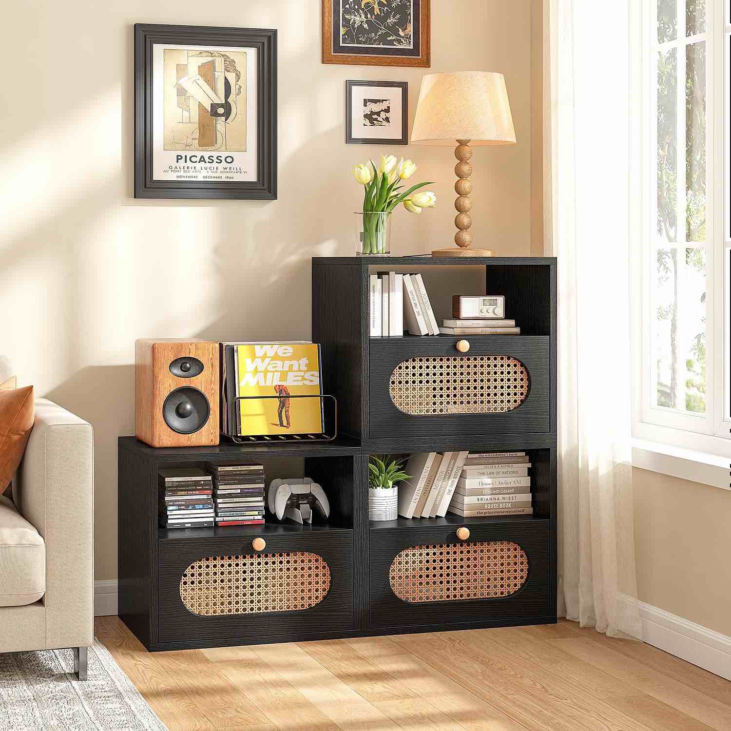 furninova rattan console table,entryway table,tv stand, boho wooden storage organizer entrance console sofa table,nightstands for living room, study room, entryway,black