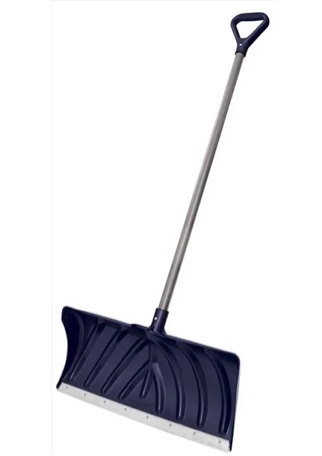 suncast 24'' steel core snow pusher with curved resin blade, d-grip handle, steel shaft, heavy-duty snow removal tool for effortless clearing,