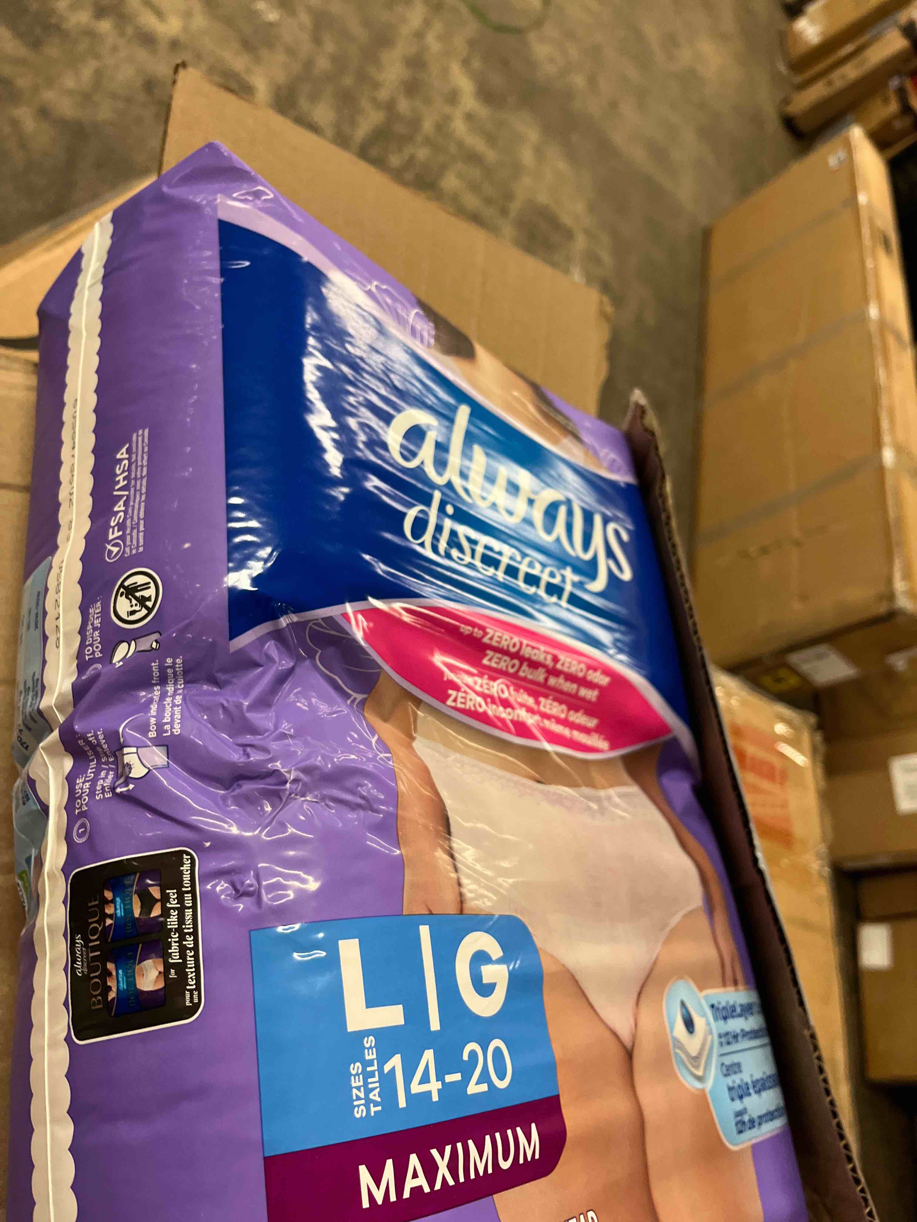 Condition photo showing New/Like New for always discreet, incontinence & postpartum underwear for women, maximum, large, 38 count