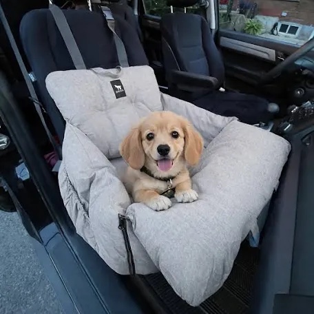 JACKO & CO Premium Dog Car Seat - Safe & Cozy Travel Bed and Carrier for Small Dogs, Puppies, Pets up to 25 lbs, Clip-On Leash & Storage Pockets, Water-Resistant, Machine Washable (Grey, Small)