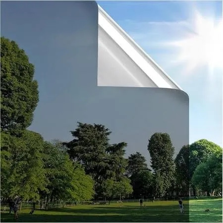 rabbitgoo window privacy film one way window tint for home, removable reflective heat sun blocking anti uv glass door covering, mirror tinting film house office, 35.4 in x 32.8 feet, black silver