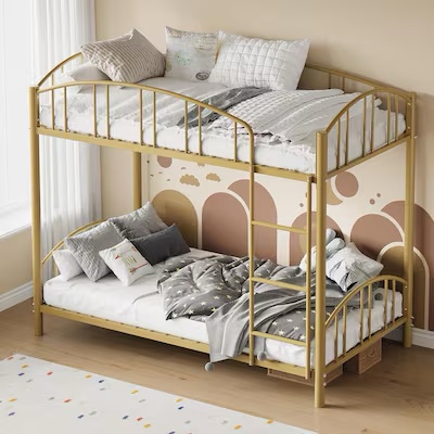 Metal Bunk Bed Twin Over Twin Heavy Duty Bunkbeds Frame with Arched Guardrail and Safety Ladder Sturdy Steel Bed for Kids Boys Girls Space Saving No Box Spring Needed Gold Item #7497416 | Model #DHZ-PHO-16Q3YMMZ