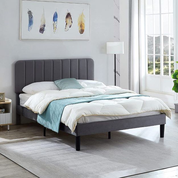 VECELO Velvet Upholstered Platform Bed Frame with Adjustable Headboard, Sturdy Wood Slat Support, No Box Spring Required