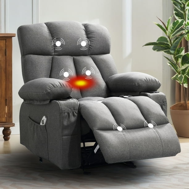 JONPONY Manual Recliner Chair with Heat Therapy and Massage Function, Heavy Duty Reclining Mechanism Massage Chair, Elderly Single Rocker Sofa with Cup Holders for Bedroom Home Theater,Grey