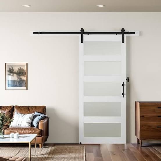 SOCBAZZAR 36 in. x 84 in. 5-Panel Frosted Glass White Prefinished MDF Interior Sliding Barn Door with Hardware Kit