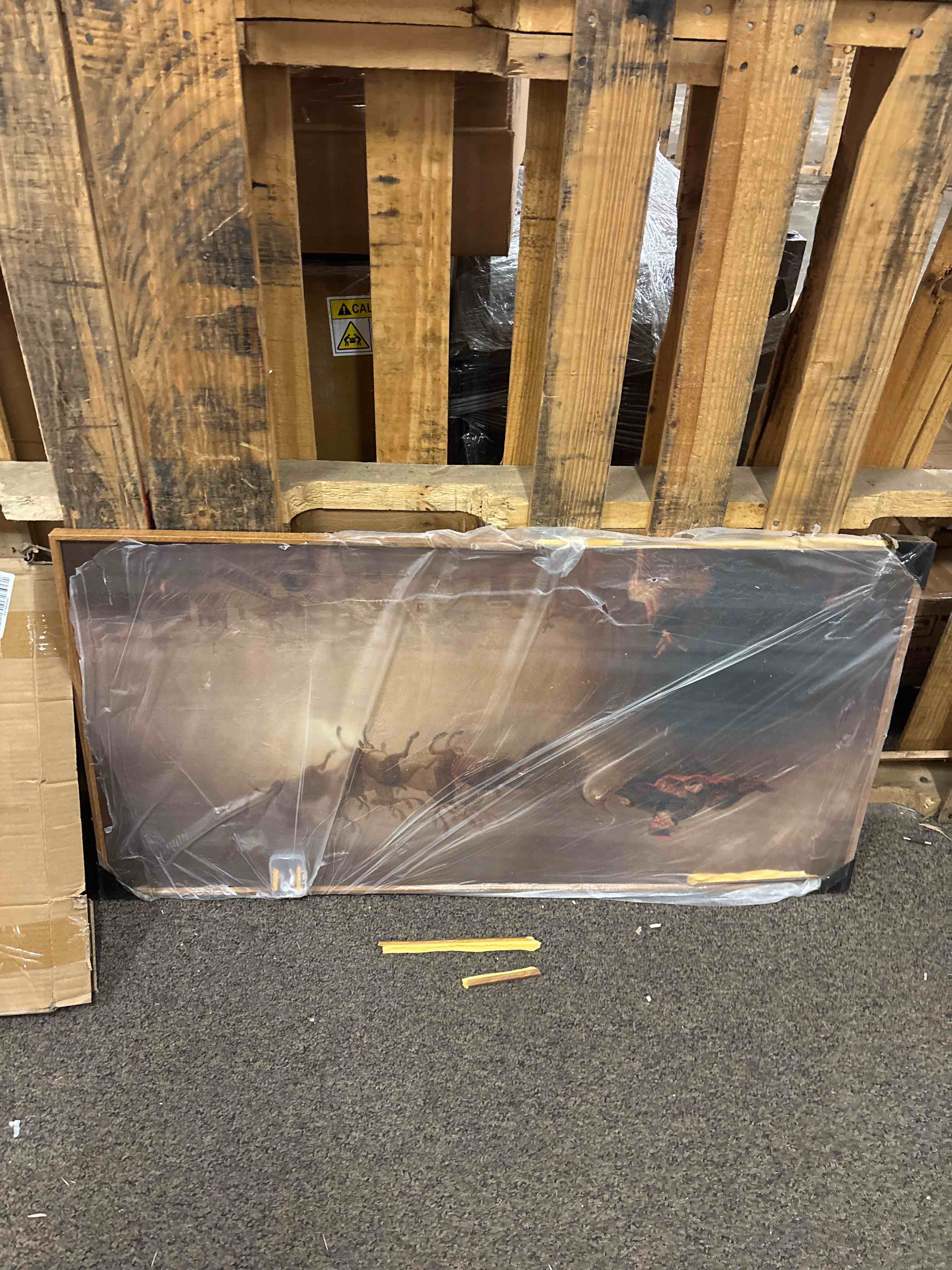 Condition photo showing Good Condition for aurlan vintage santa's sleigh rides framed wall art(40"x20"), mid century modern moody black christmas eve santa claus with reindeer sleigh canvas artwork, neutral abstract xmas winter holiday gift decor for home office bedroom