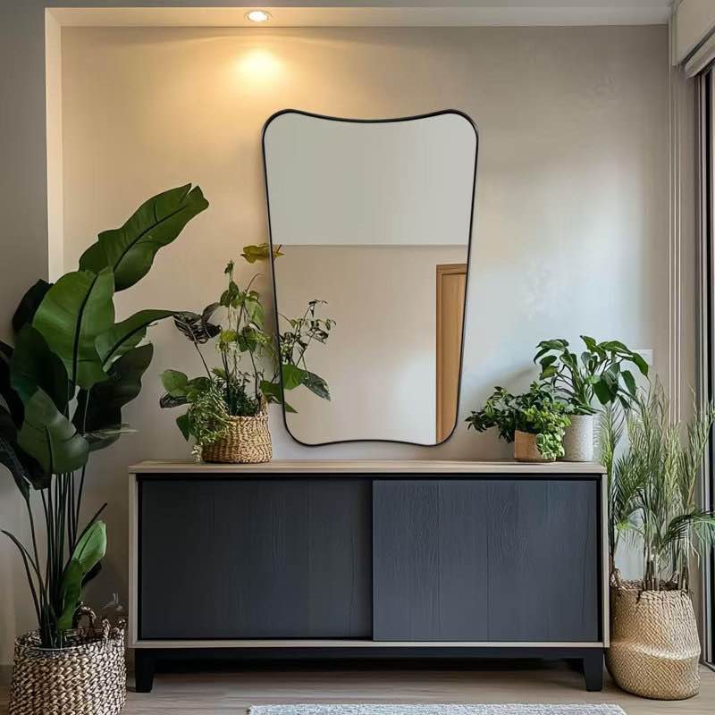 Concave Top Rectangle Irregular Scalloped Bathroom Vanity Mirror Asymmetrical Mirror in Stainless Steel Metal Frame 