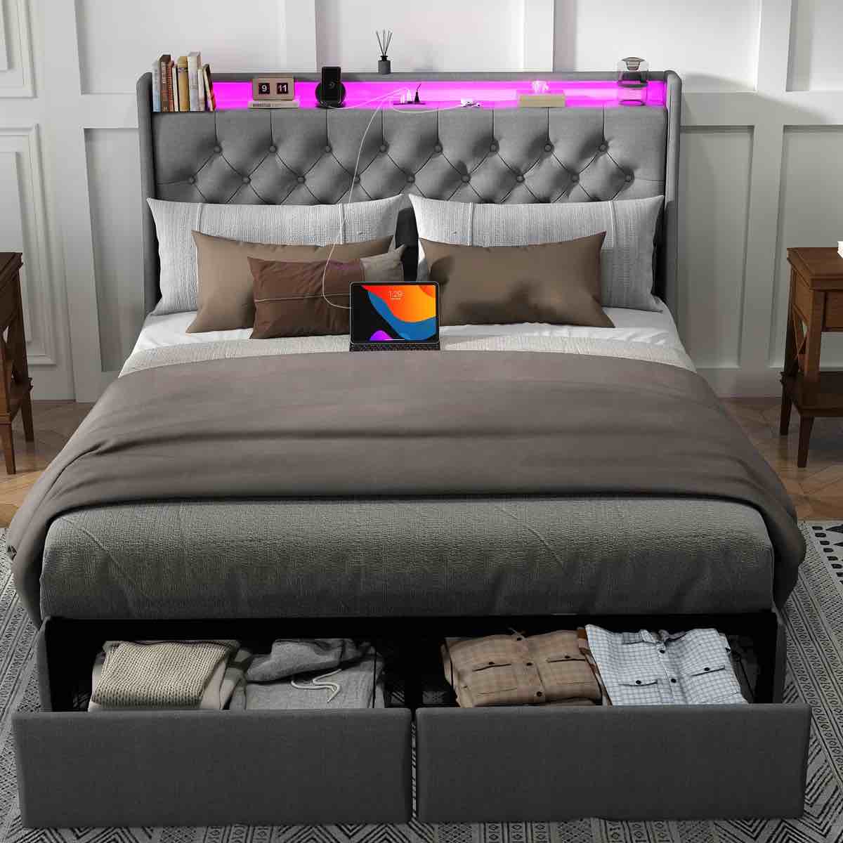 ONEITA Upholstered LED Queen Bedframe with Storage Headboard & Charging Port 