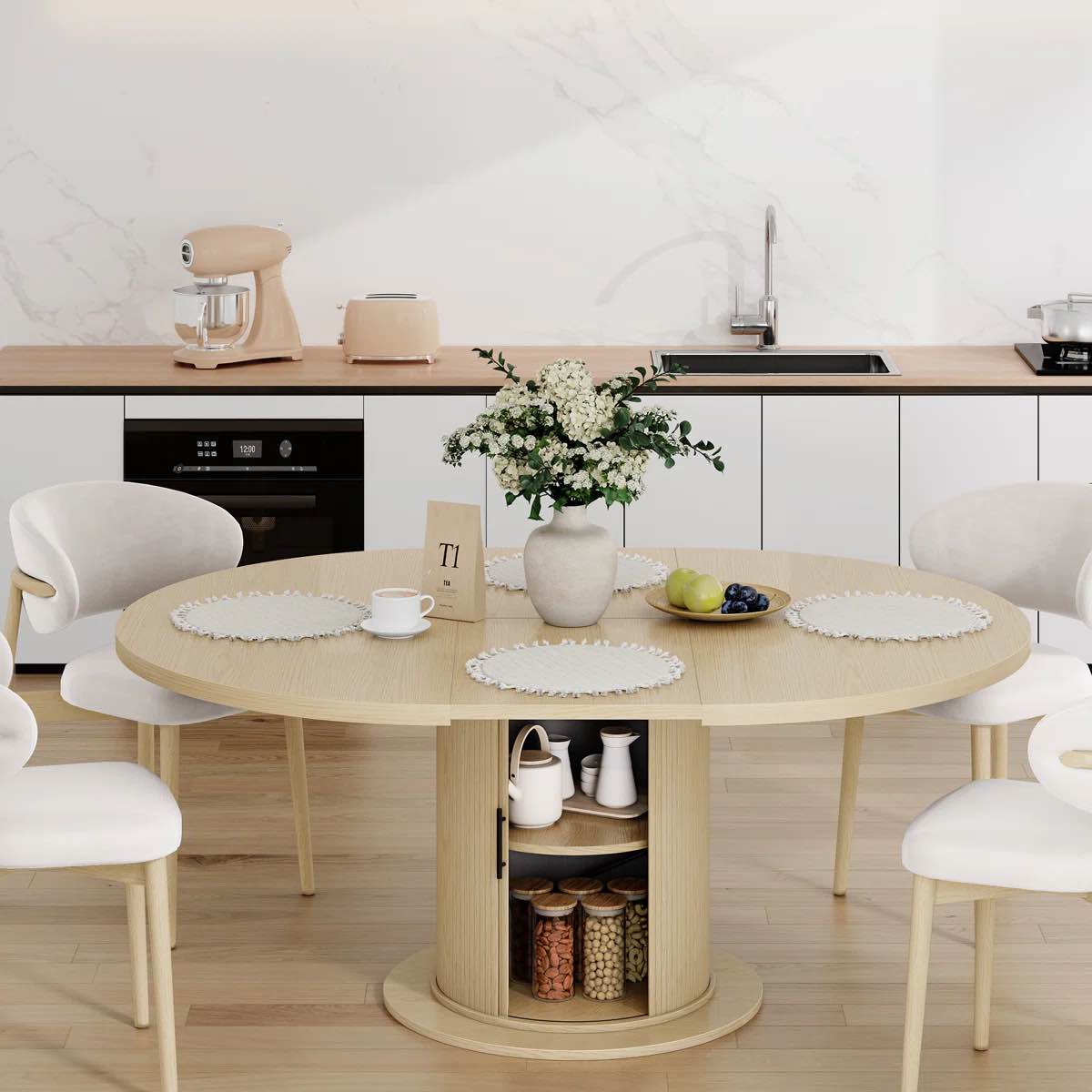 Ebern Designs Extendable Round Dining Table for 4-8, Oval Kitchen Dining Table With Storage