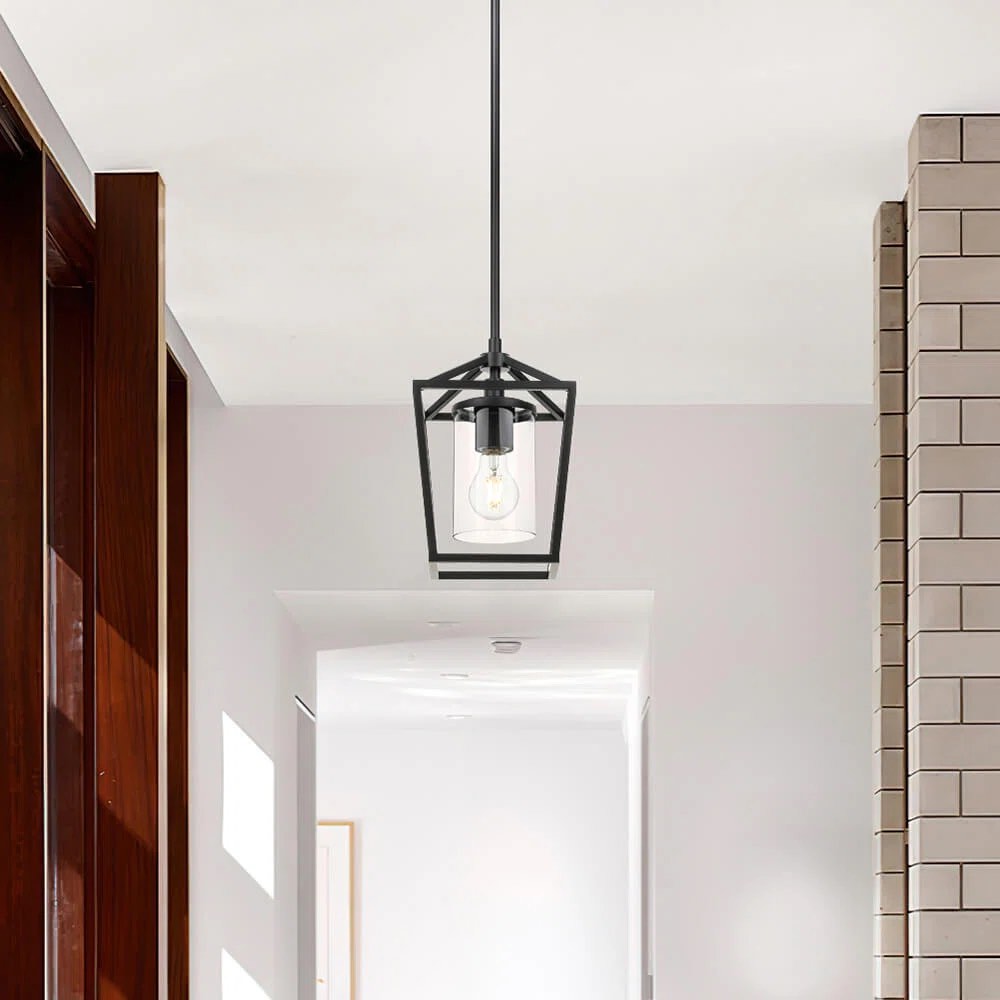 1-Light Black Lantern Pendant With Glass Shade