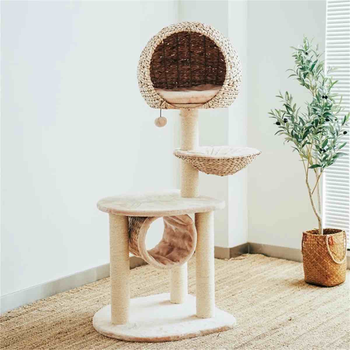 ezlyn handwoven bird nest cat tree with cat hammock, braided cat condo