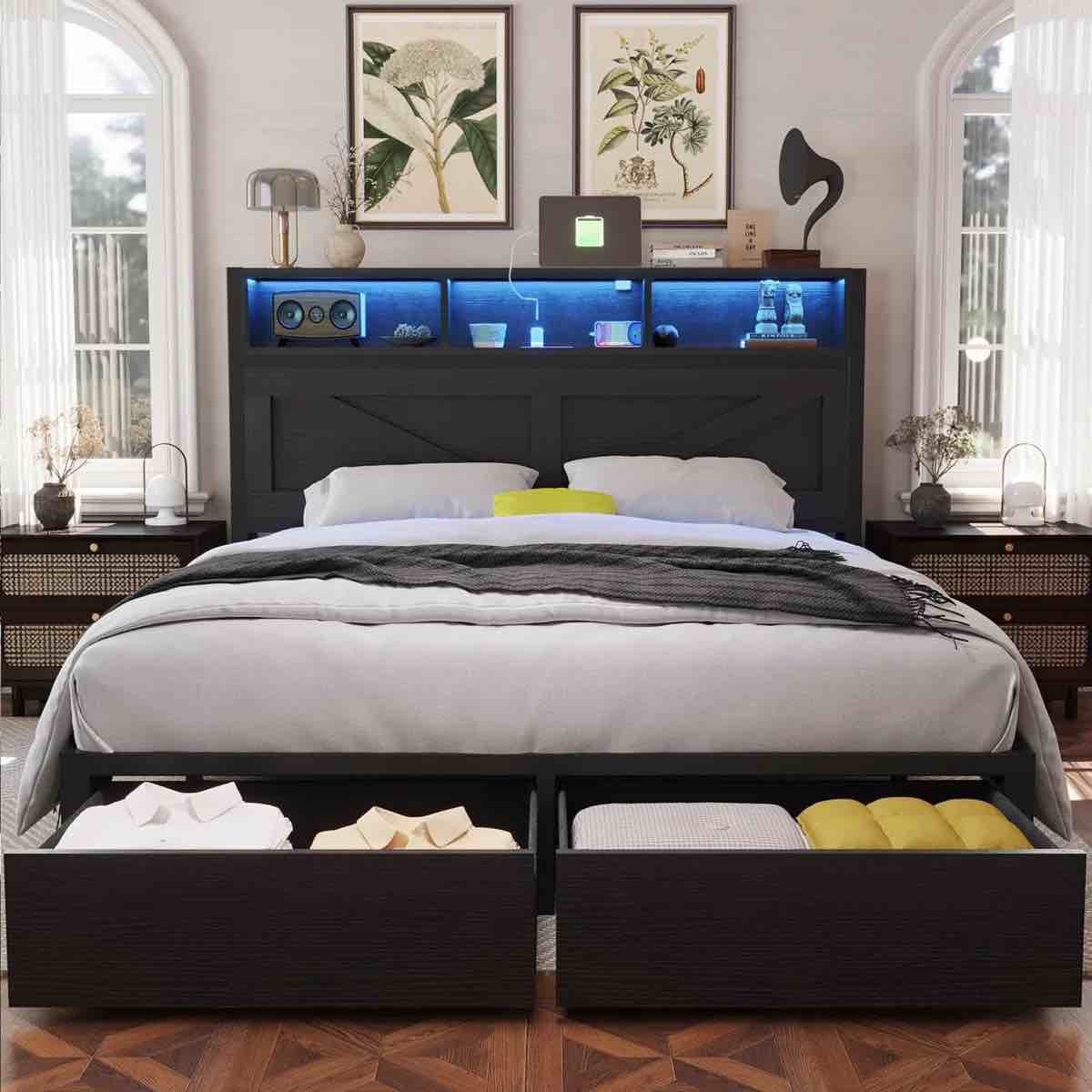 Farmhouse Full Bed Frame with LED Charged Bookcase Headboard and Storage Drawers, No Box Spring Needed