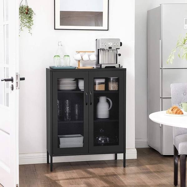 SONGMICS Metal Storage Cabinet with Mesh Doors, Steel Display Cabinets with Adjustable Shelves for Bathroom Home Office, Black UOMC002B01