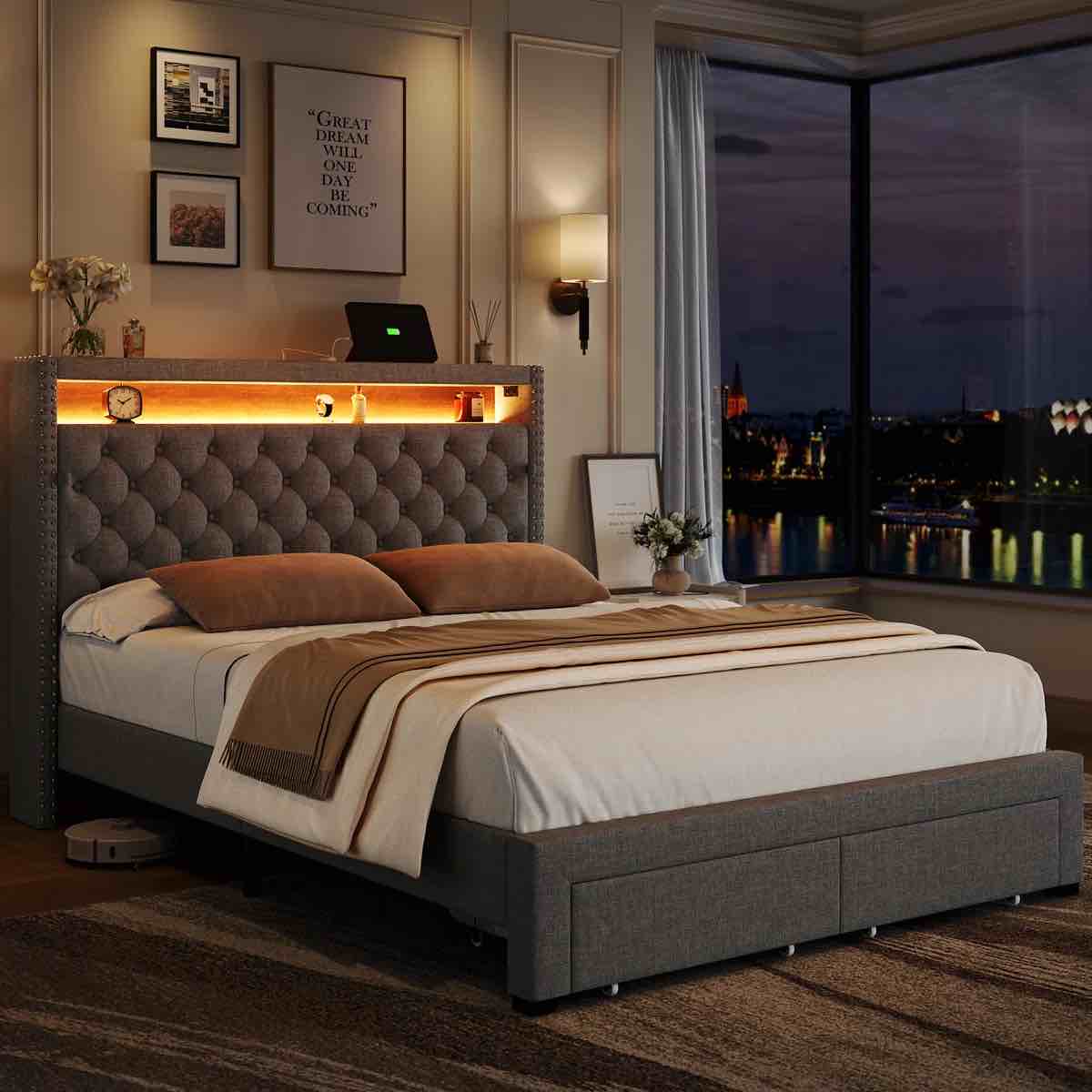 Full Storage LED Headboard with Charging Station Bed Frame