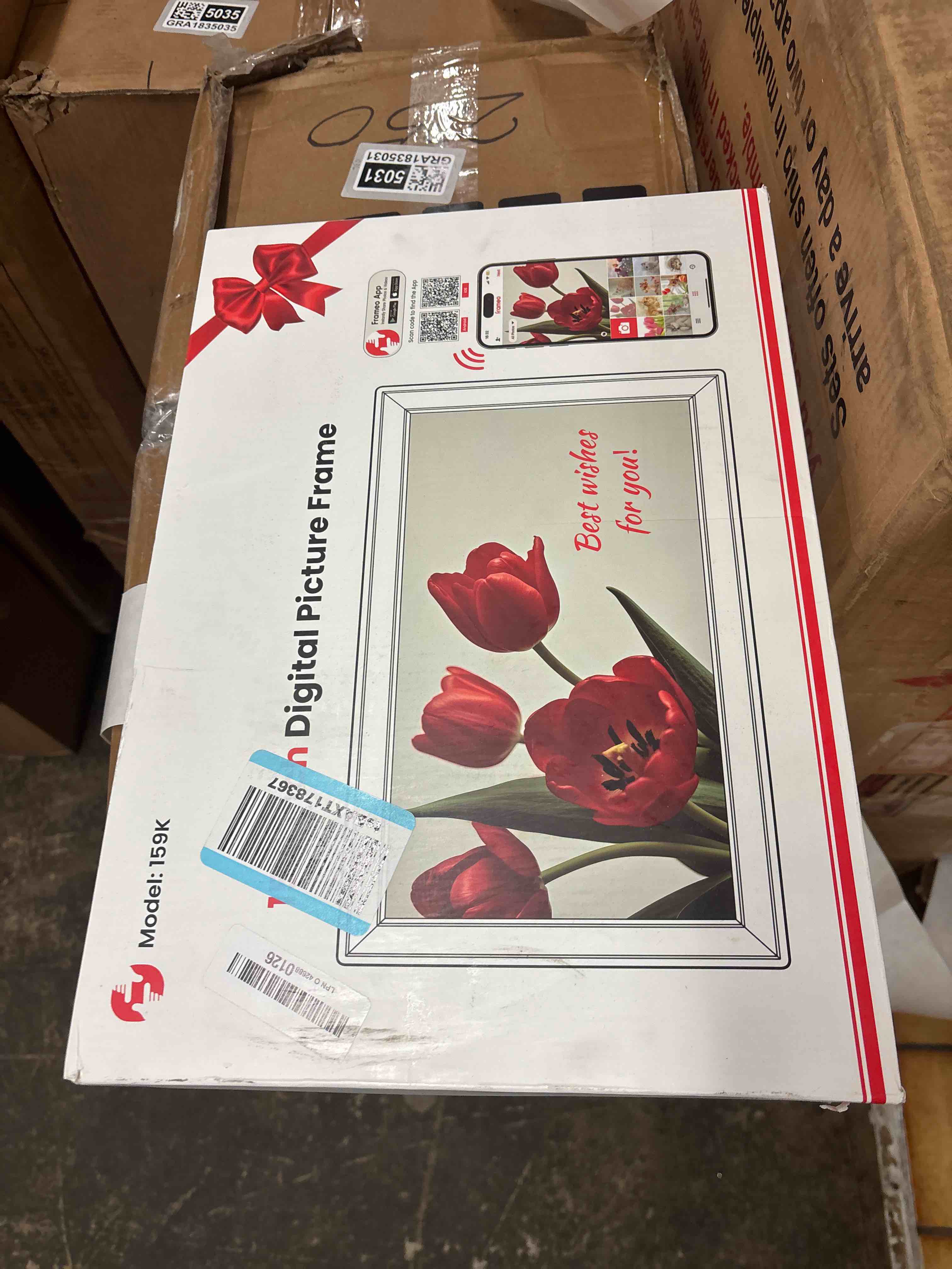 Condition photo showing New/Like New for 64GB 15.6" Frameo Digital Picture Frame WiFi, Large Electronic Photo Frames Wood 1920 x 1080 IPS FHD Touch Screen, Send Photos from Your Phone from Anywhere, Best Gifts for Family and Friends 15.6 Inch Brown Wood