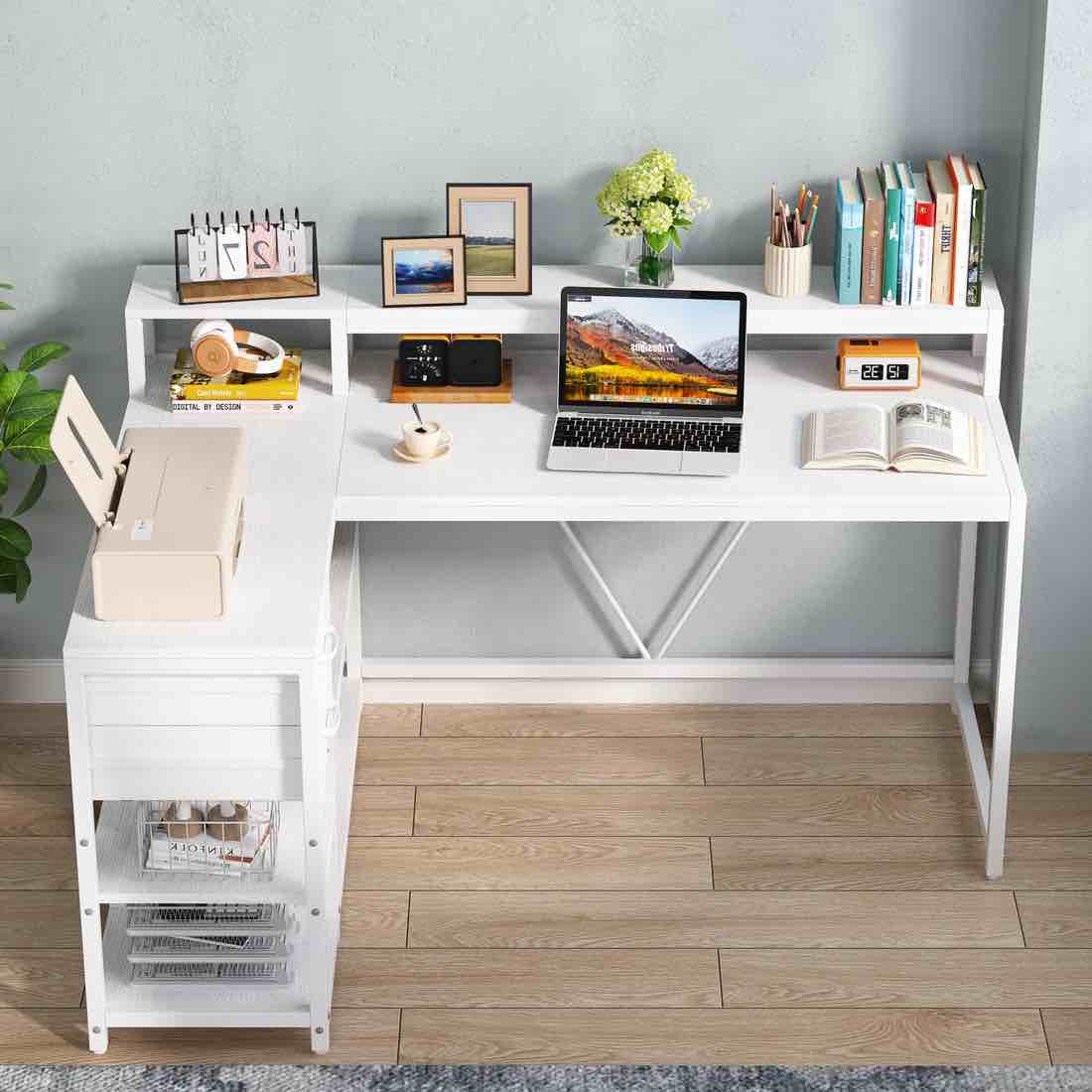 Reversible L-Shaped Desk, Industrial Corner Desk with Drawer & Shelves