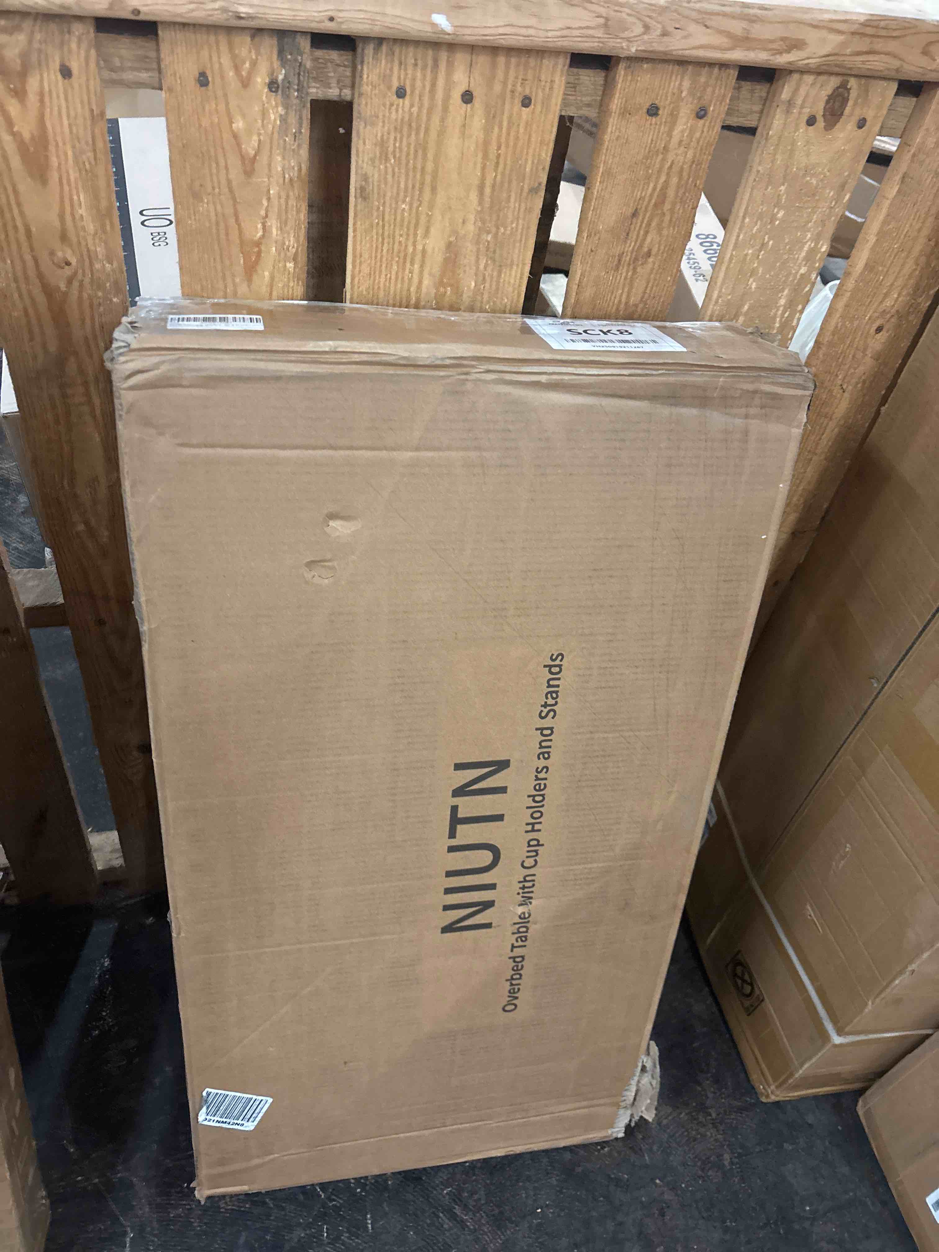 Condition photo showing New/Like New for Overbed Bedside Table with Wheels, Adjustable Hospital Bedside Desk, Rolling Laptop Table, Mobile Standing Desk, Laptop with Cup Holder & Phone/Tablet