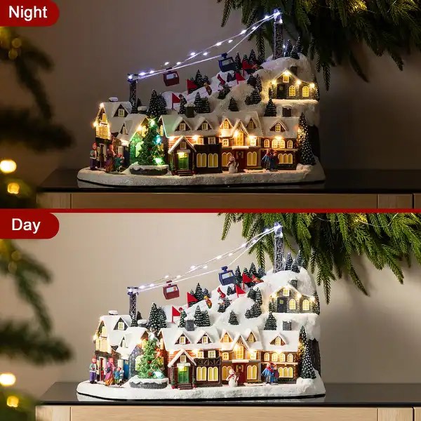 Condition photo showing New/Like New for Glitzhome 16"H Christmas Oversized Resin Lighted Musical Skiing Table Village Decor