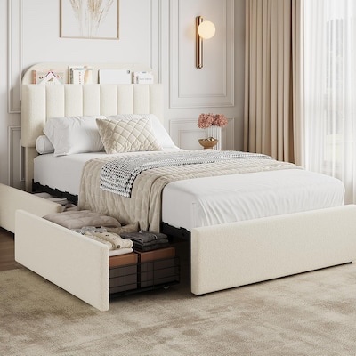 Condition photo showing New/Like New for Twin Bed Frame for Kids Boucle Upholstered Platform Bed for Boys/Girls with 2 Flexible Drawers Bookcase Headboard Noise-Free Easy Assembly No Box Spring Needed Beige