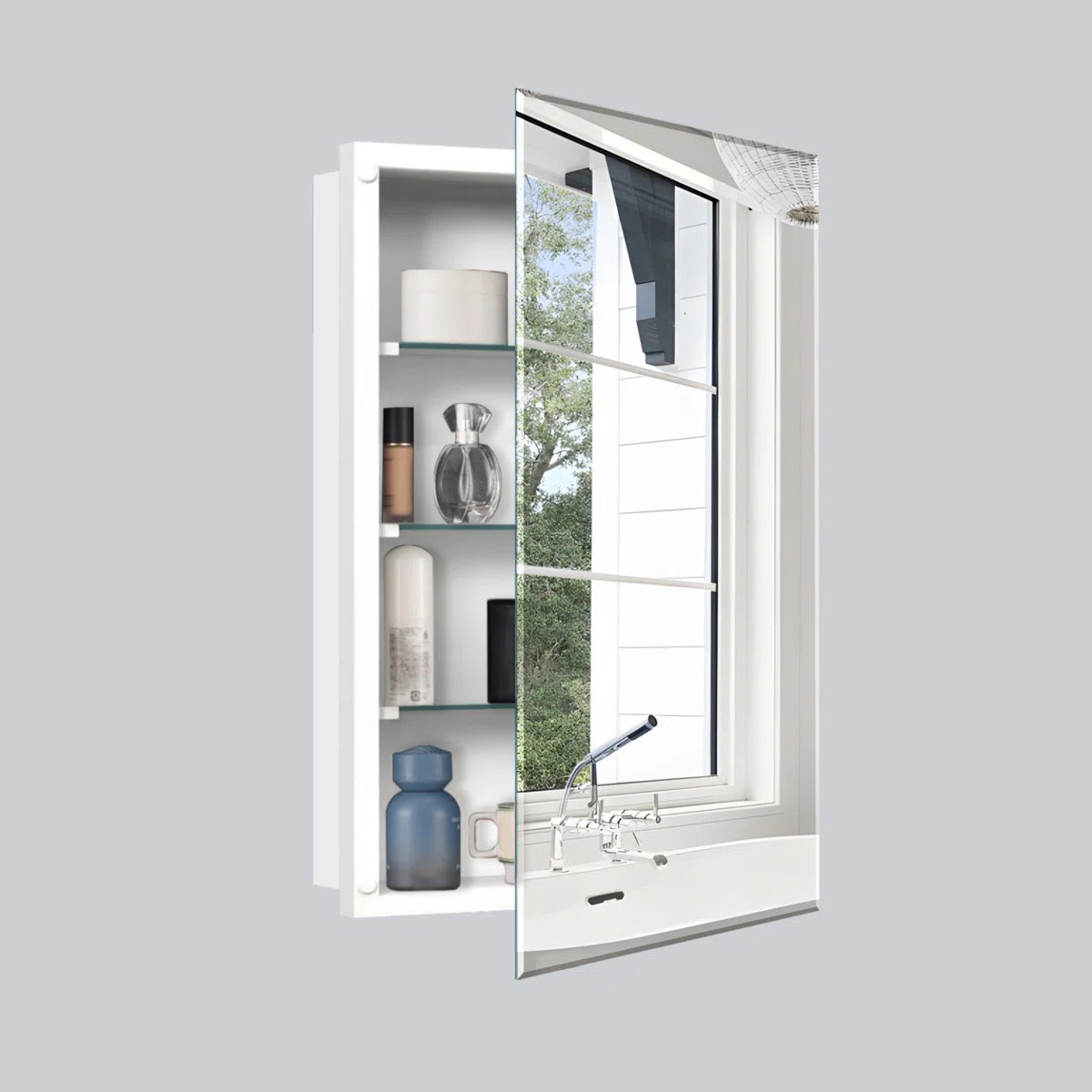 Condition photo showing New/Like New for Single Door Beveled Medicine Cabinet With Mirror Door & Removable Shelves, Rectangular Beveled Edge Frame, No Assembly White