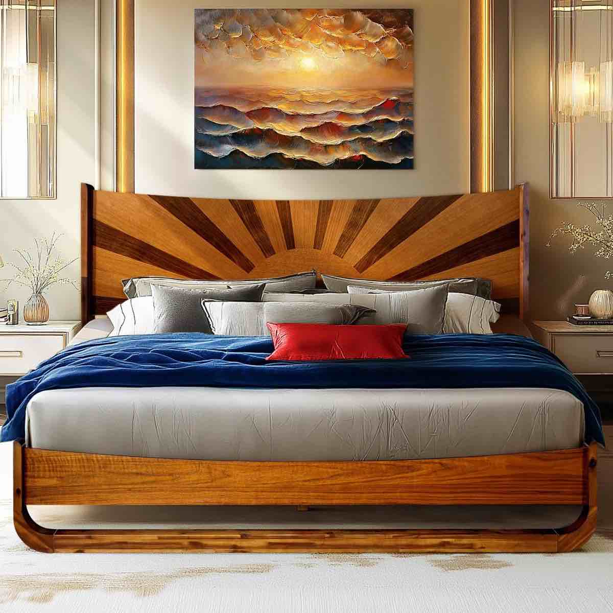 Sunset Solid Acacia Wood King Platform Bed, Tall Headboard, Mid-Century Art Deco Design, No Box Spring Needed, Sturdy Slat Support, Scratch & Water-Resistant, Caramel Finish