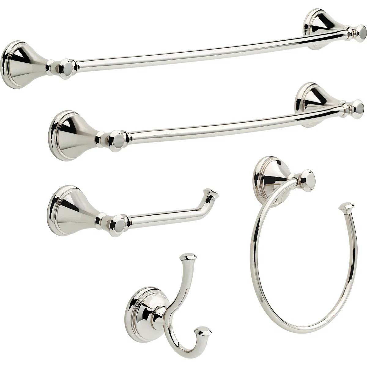Cassidy 5-Piece Bath Hardware Set 18, 24 in. Towel Bars, Toilet Paper Holder, Towel Ring, Towel Hook CSS63-PN-K5