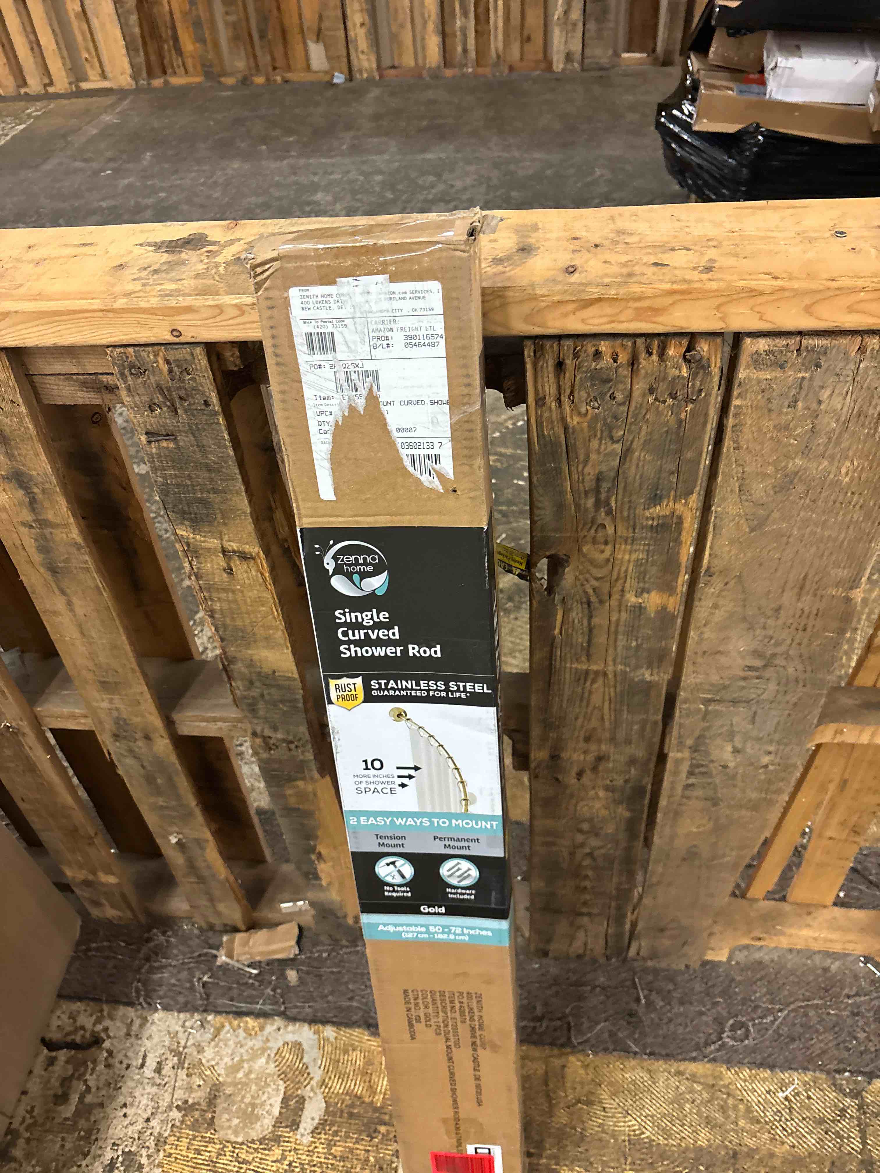 Condition photo showing New/Like New for Zenna Home Rustproof Curved Shower Curtain Rod, No Drill Tension or Permanent Mount Adjustable Curved Shower Rod for Bathroom, Easy Install, Rounded for Extra Room, 50 to 72 Inches, Gold