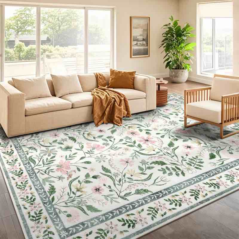 6ft x 9ft green floral machine washable area rug with non-slip backing 