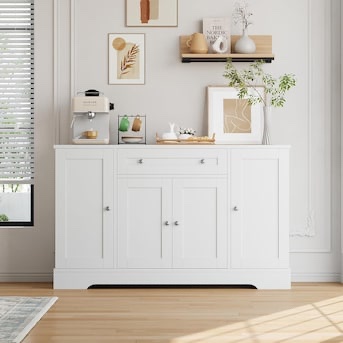 Garvee Side board Buffet Cabinet with Storage Modern Wooden Credenza Storage Cabinet with Drawer and 4 Doors Freestanding Coffee Bar for Living Room Kitchen Dining Room White 