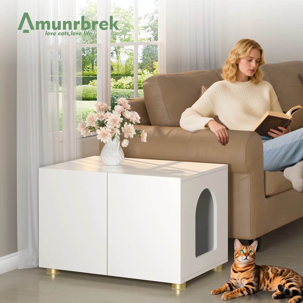 Condition photo showing New/Like New for Small Cat Litter Box Enclosure Furniture, Wooden Cat House, End Table (White) 