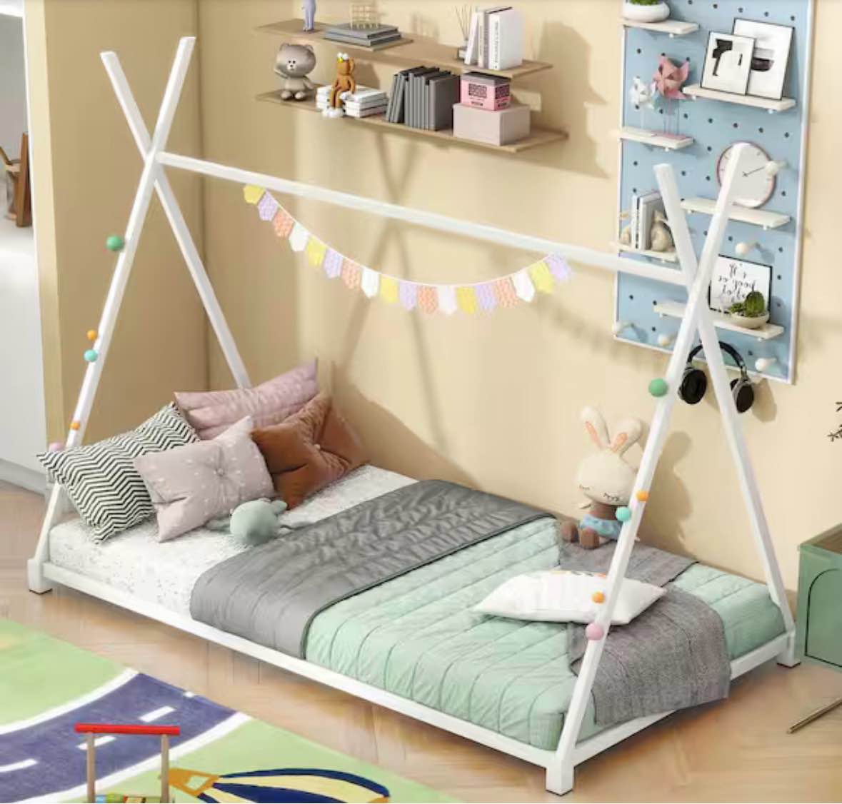 metal twin size house platform bed frame for boys girls kids adults toddler with triangle structure whiye 