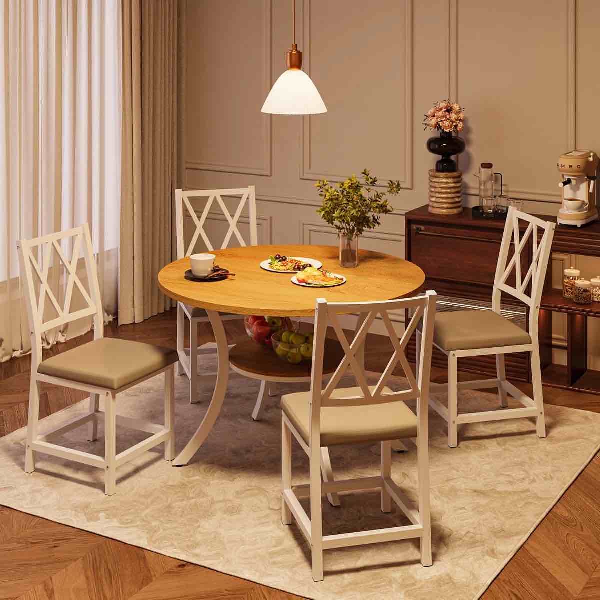 5 pieces 35.4'' transitional style round dining table set, extendable folding kitchen dining table set for 4 with 4 pu upholstered dining chairs 