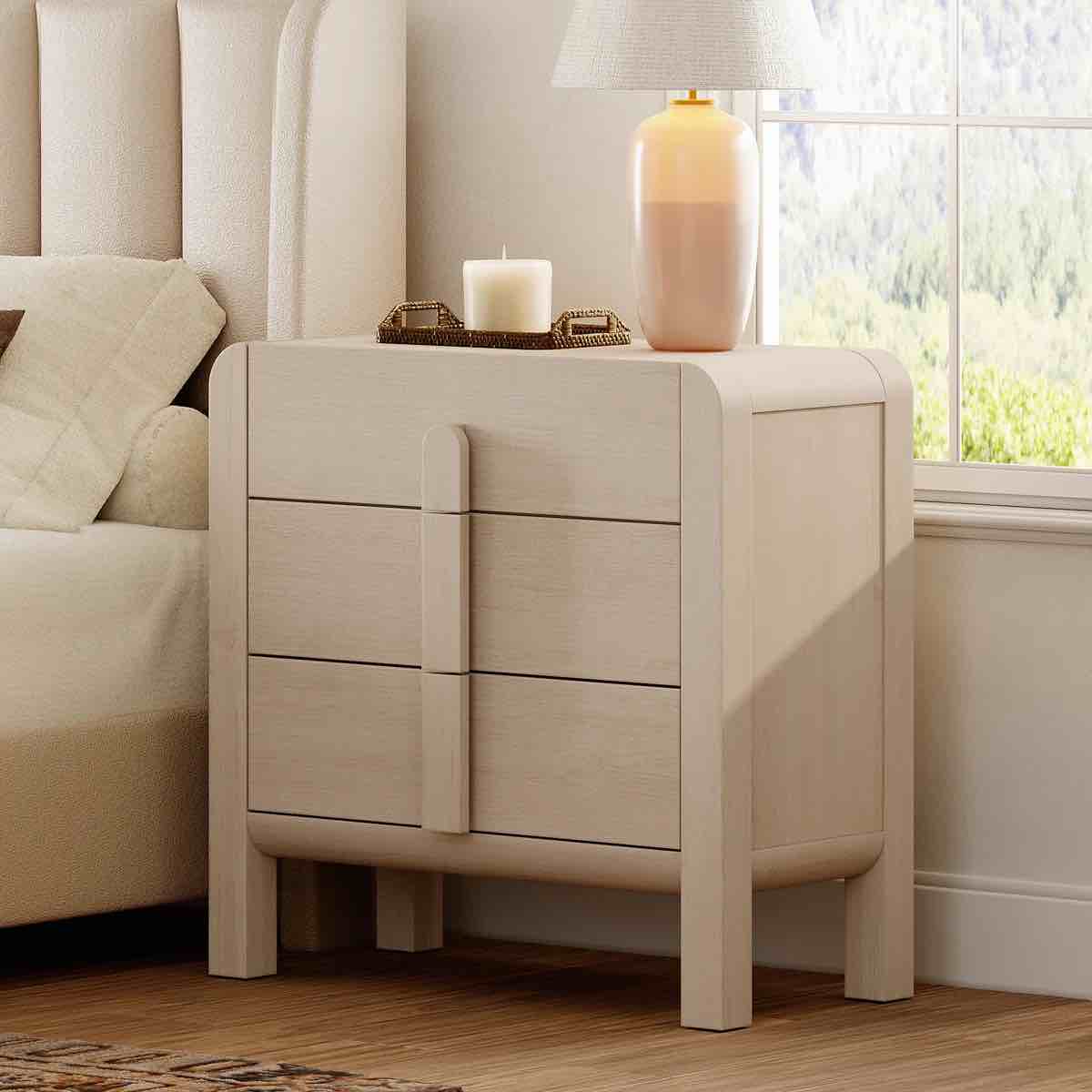 Adora Modern Wood Nightstand With 3 Drawers ,31.5" Large Mid-Century End Table,Curved Bedside Table Storage Cabinet For Bedroom, Living Room,Entryway