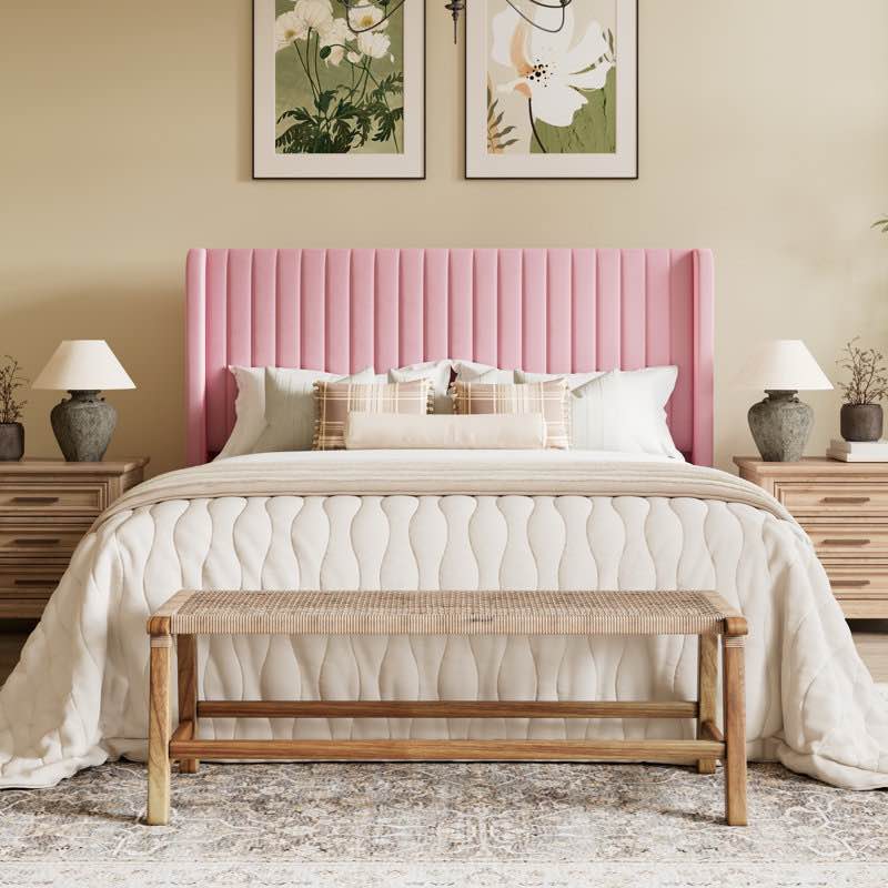 Candler Full Velvet Upholstered Platform Bed with Wingback Headboard and Wooden Slats 
