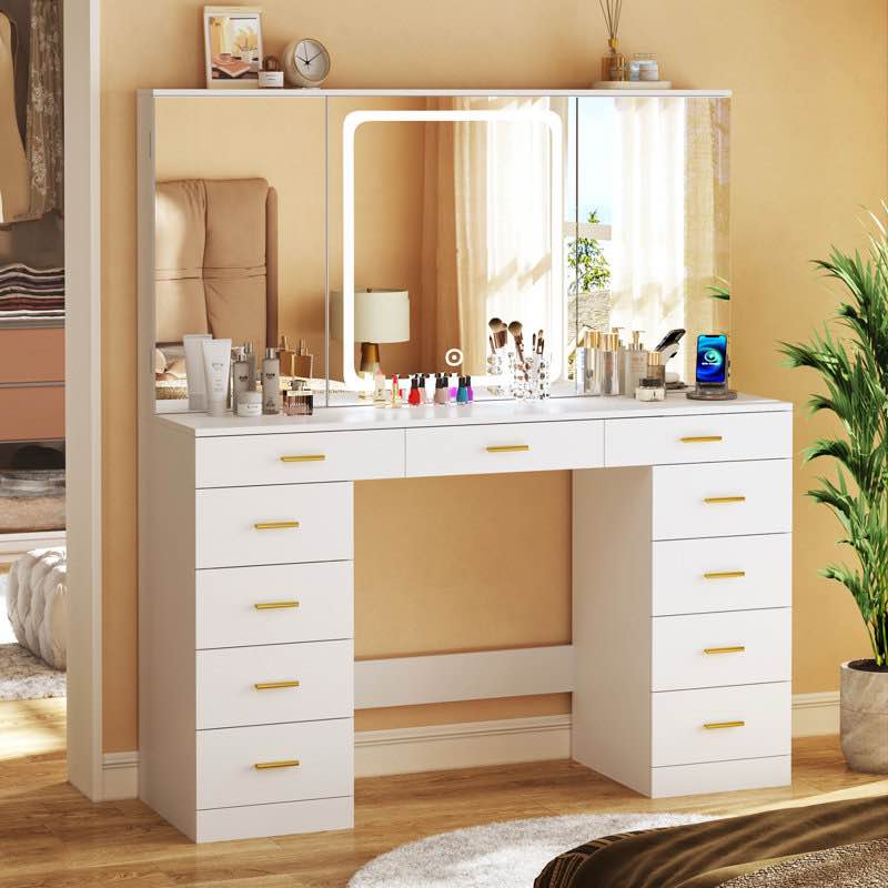 Large Makeup Vanity Desk, Full-size Mirror, Power Outlet, 11 Drawers 