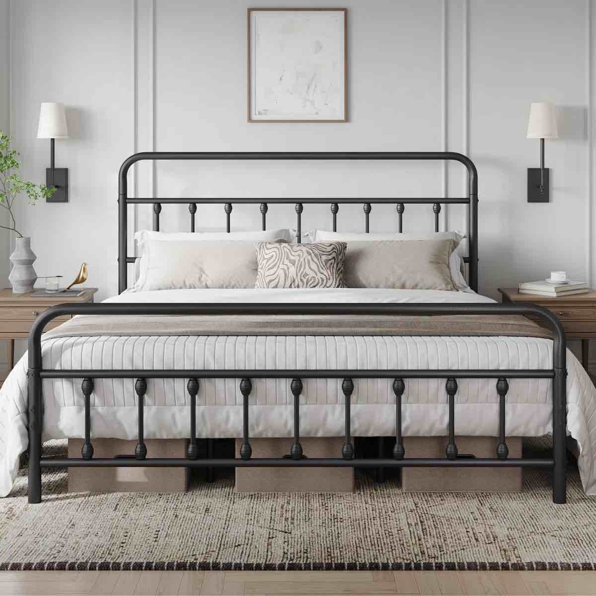 classic iron platform bed with high headboard and footboard -king