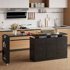 51.2" Modern Style Kitchen Island With Swivel Dining Table For Multi-functional Spaces, Rolling Kitchen Island Table With 9 Drawers And Charging Station For Kitchen And Living Room Base Color: Black 