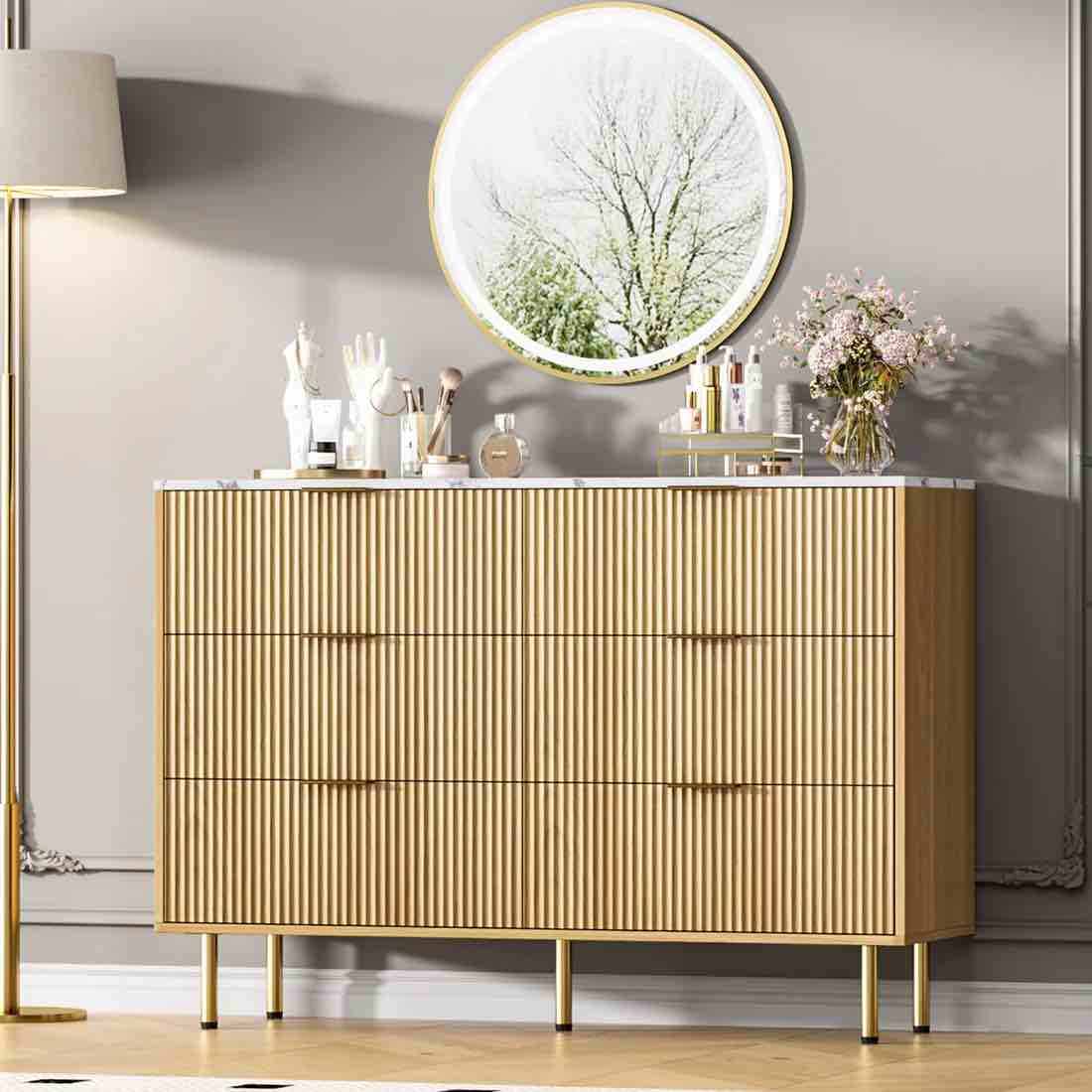 Garvee Fluted Dresser with 6 Drawers, 56" Wide Modern Chest of Drawers with Curved Profile Design, Wooden Dresser TV Stand, Wood Drawer Organizer for Bedroom, Living Room, Hallway, Natural Oak
