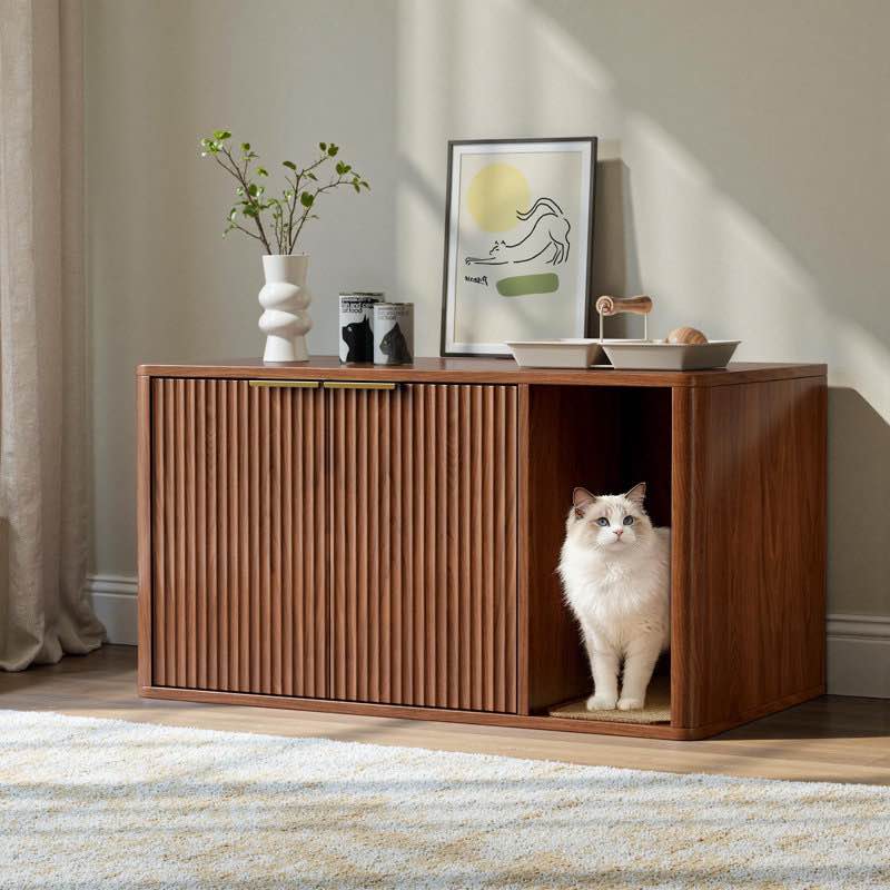 35.4" walnut cat litter box enclosure furniture with front entry, large hidden litter box cabinet for living room, bedroom