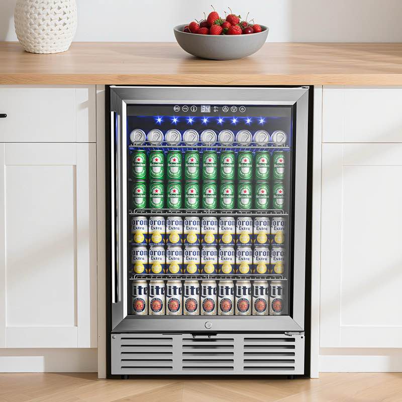 simzlife 23.5'' w 180 cans 5 cubic feet beverage refrigerator - freestanding/built-in/under counter cooler with tempered glass door & reversible handle, stores beer, wine, drinks