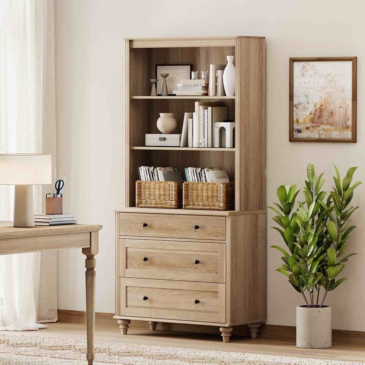 scarlett 72.1"h x 33.9"w bookcase with 3 drawers, tall book case shelf with 3-tier open book shelfs, large wood bookcases farmhouse bookshelves for living room bedroom home office kitchen
