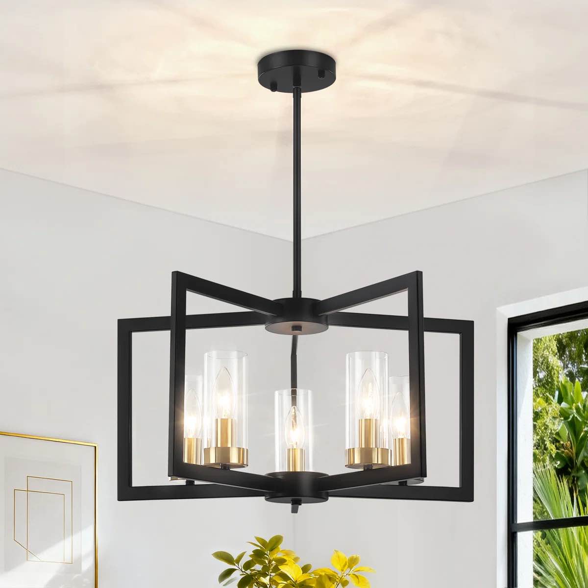Beldon 5-Light Geometric Square / Rectangle Chandelier, Modern Farmhouse Pendant Light Fixture, Over Table Lighting for Bedroom, Living Room, Foyer, Entryway, Hallway