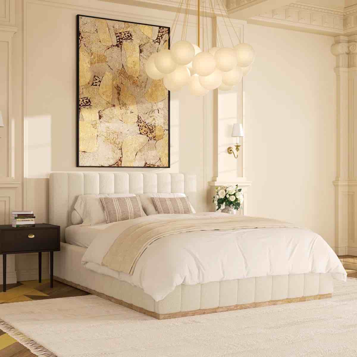 Condition photo showing New/Like New for Braesyn Queen Platform Bed Frame Boucle Upholstered Headboard and Wooden Slats Support, No Box Spring Needed