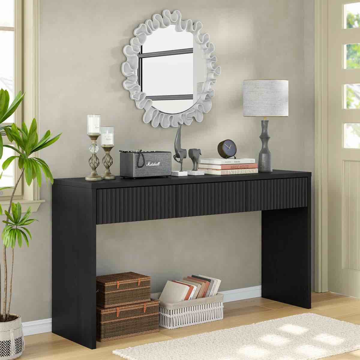 Condition photo showing New/Like New for Higham 55" Wood Console Table with 3 Drawers,behind Couch Table for Entryway,Fluted Design