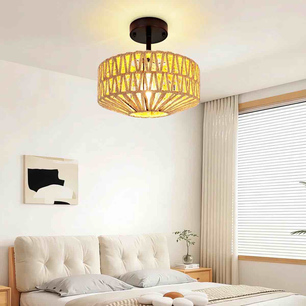 Condition photo showing New/Like New for Rattan Ceiling Light Fixture, Hand-woven Boho Semi-flush Mount Chandelier For Farmhouse Bedroom Kitchen Entryway