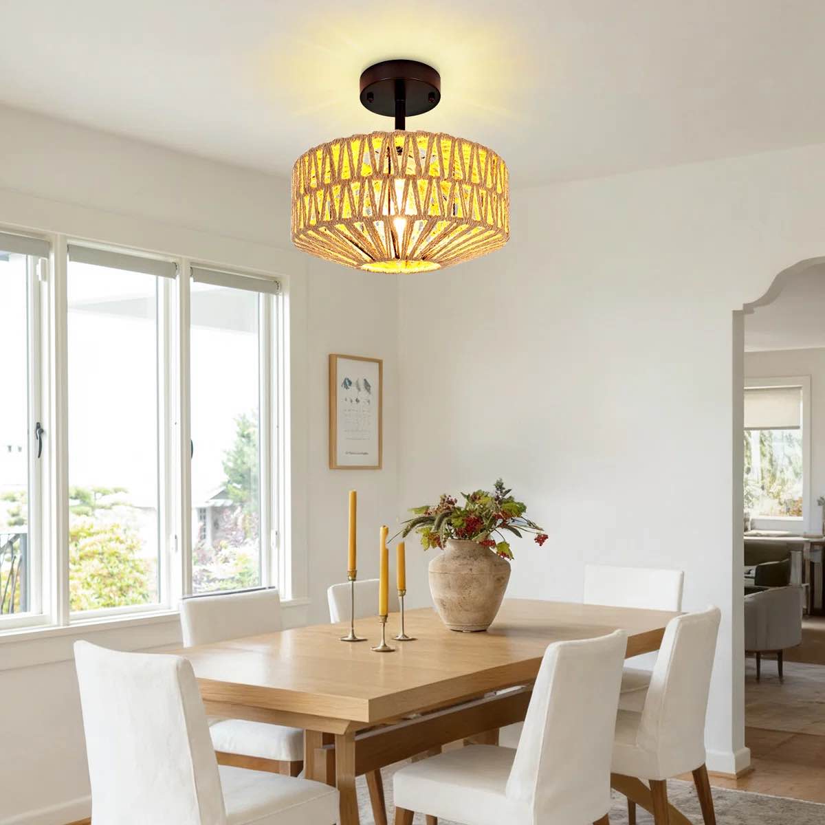 Condition photo showing New/Like New for rattan ceiling light fixture, hand-woven boho semi-flush mount chandelier for farmhouse bedroom kitchen entryway