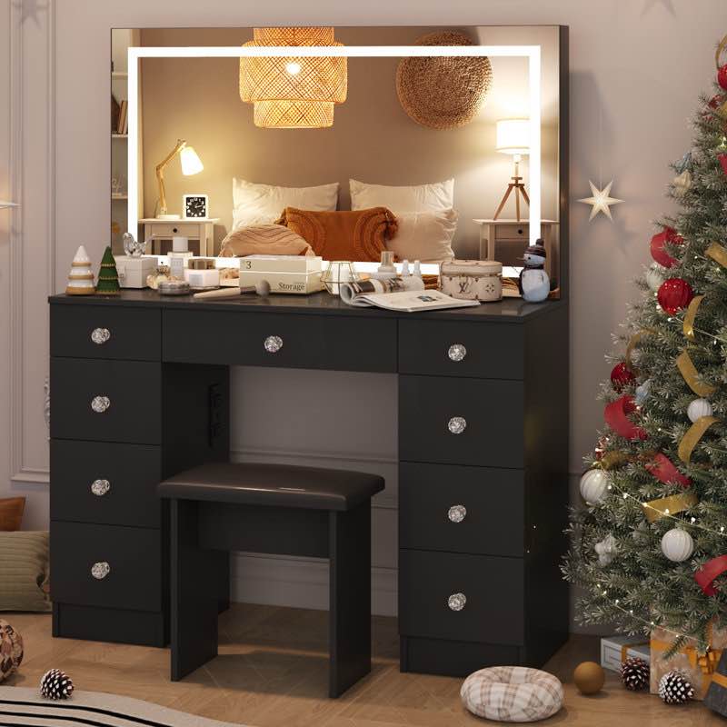 Greyden Vanity Set With LED Mirror & Power Outlets, 9 Drawers with Diamond Handles